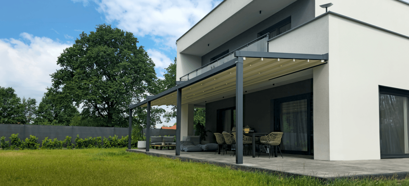 7m x 4m Rectangular Wall Mounted Elegancy Retractable Roof Pergola