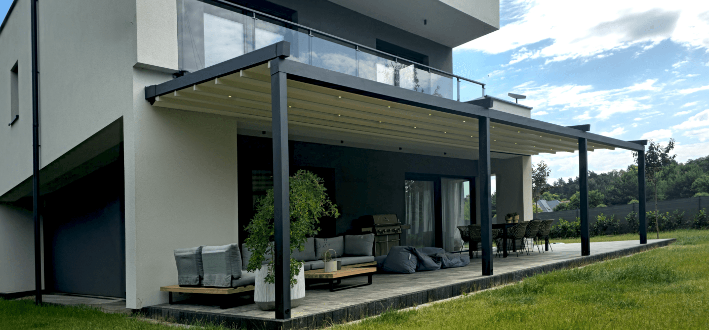 7m x 4m Rectangular Wall Mounted Elegancy Retractable Roof Pergola